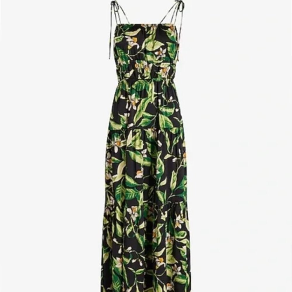 Express – Floral Square-Neck Spaghetti-strap Tie-Shoulder Ruched Tiered Maxi, XL